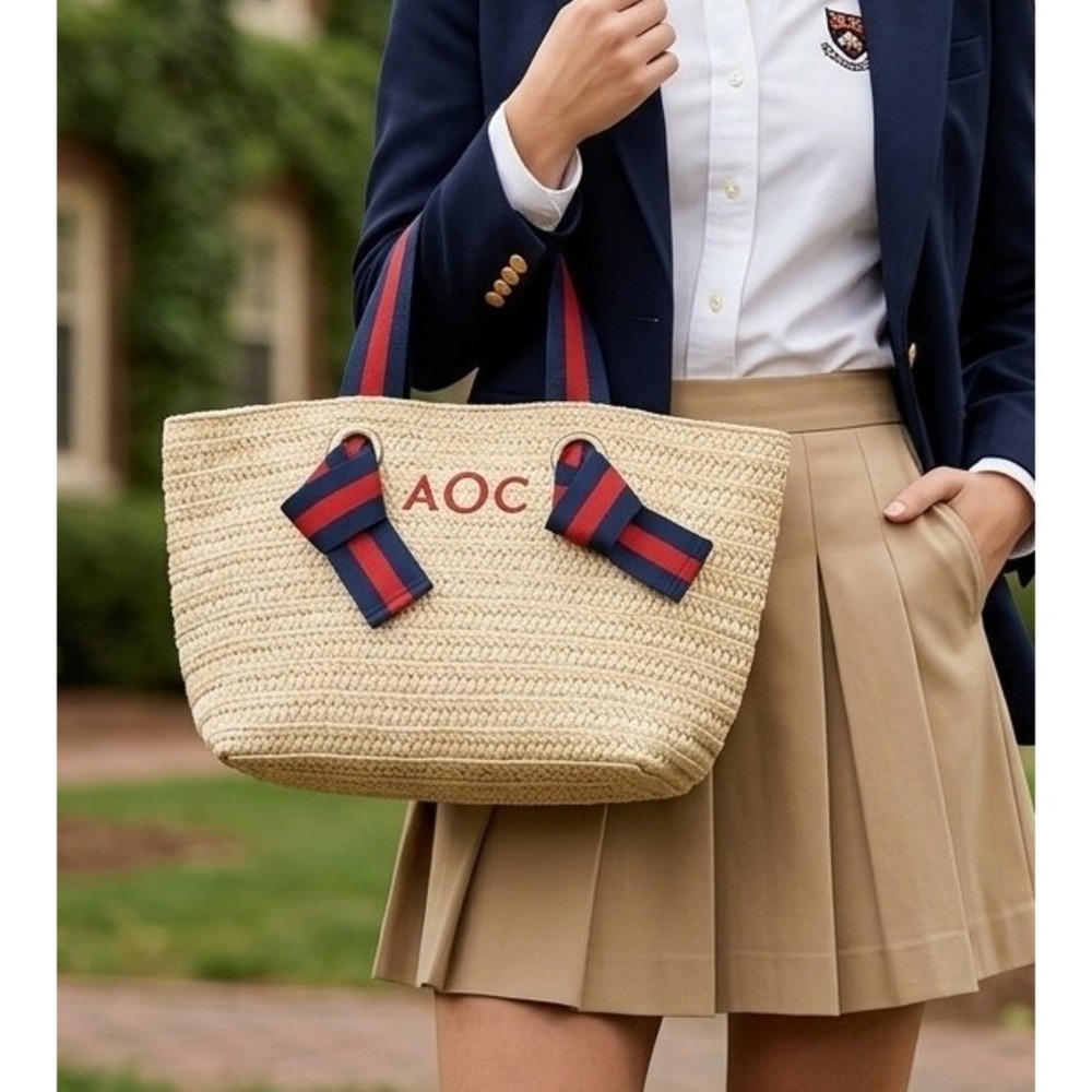 Mark & Graham Ribbon Straw Tote Womens Stripe Handle Medium Monogram Beach